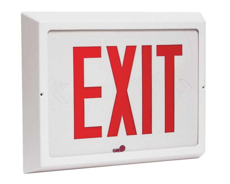 Low Profile Vandal Resistant LED Exit , Self-Powered Ni-Cad Battery,  White Housing, Brushed Aluminum Stencil w/Green Letters, Self-Diagnostics